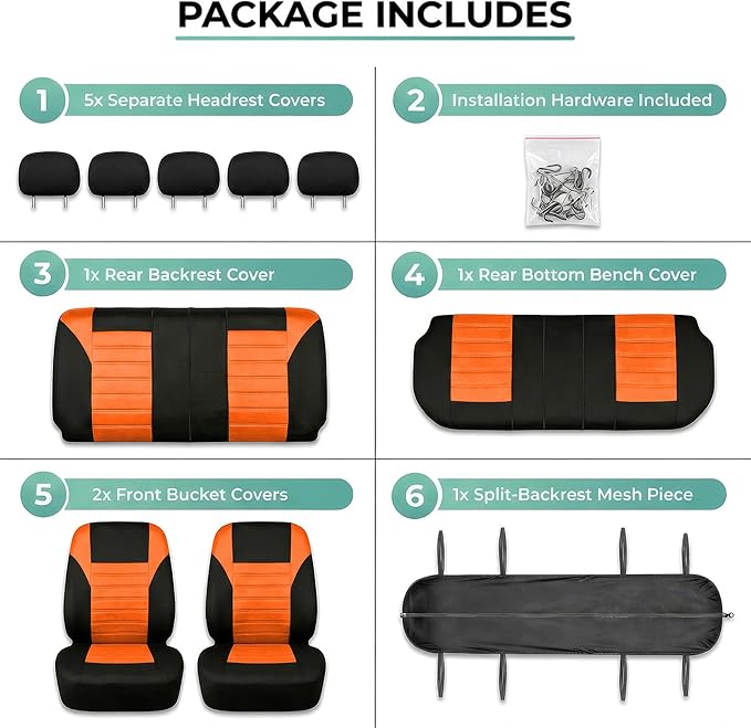 FH Group Automotive Car Seat Covers Full Set Premium 3D Air Mesh Front Seat Covers, Airbag Compatible & Split Bench Cover Universal Fit Interior Accessories for Cars Trucks and SUVs - Orange