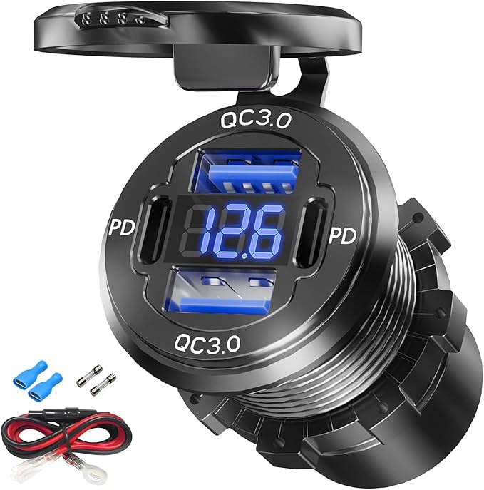 Dual PD USB C Ports & Dual Quick Charge 3.0 Ports Car Charger Socket, VANONE Aluminum Alloy Waterproof 12V USB Outlet, Accessories for Car Boat Marine Motorcycle RV ATV Truck Golf Cart, etc