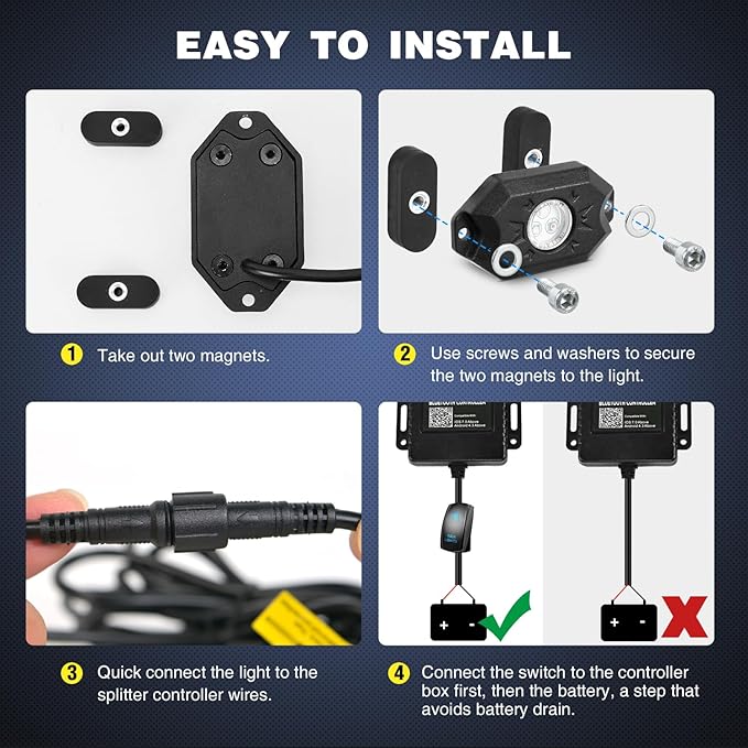 Nilight RGB LED Rock Lights Kit 4 PCS Underglow Multicolor Neon Light Pod with Magnetic Base Bluetooth App Control Flashing Music Mode IP68 Wheel Well Light for Truck ATV UTV RZR SUV