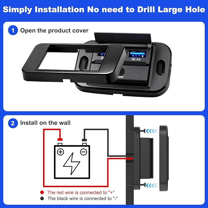 12V Flush Mount USB Charger with Power Switch, Multi-Port Car Charger for RV, Boat, Car, Bus, ATV, Motorcycle - Panel Mount Charging Accessories (QC+QC)