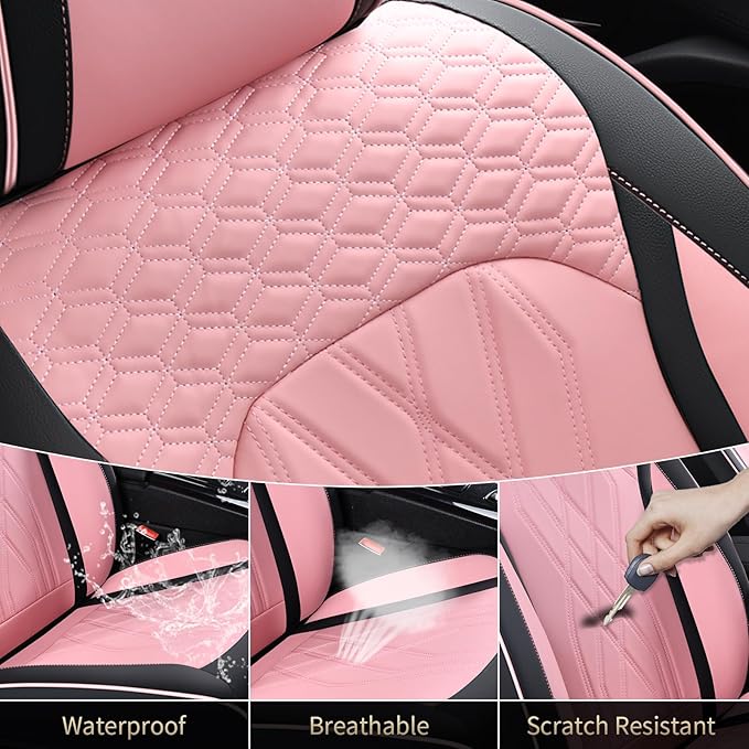 FLORICH Automotive Seat Covers Leather Pink Seat Covers for Cars Front Seats Waterproof Car Seat Cushion Interior Covers Protector Vehicle Seat Cover Universal Fit for Most Car Truck SUV, Black&Pink