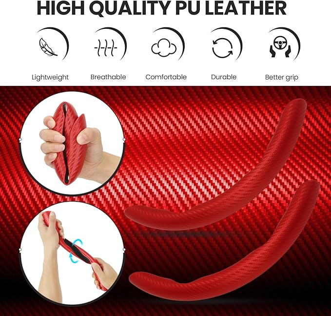 GSPSCN Universal Car Carbon Fiber Steering Wheel Cover Anti-Skid,Butterfly Steering Wheel Cover,Non-Slip Segmented Steering Wheel Protector,Fit for 99% Cars,Car Interior Accessories (Red)
