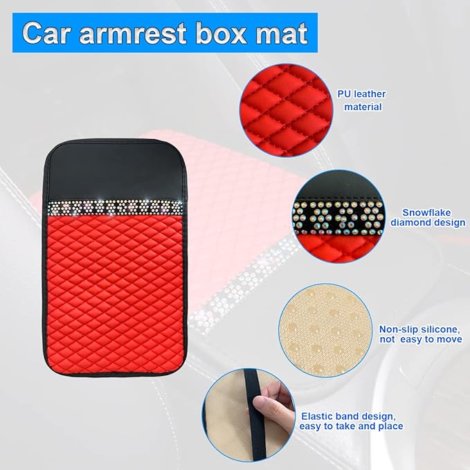 Bling Leather Car Center Console Cover, Car Center Console Protector With Glossy Crystal Rhinestone, Universal Waterproof Car Armrest Seat Box Cover For Most Car, Vehicles, SUVs, Trucks (Red)