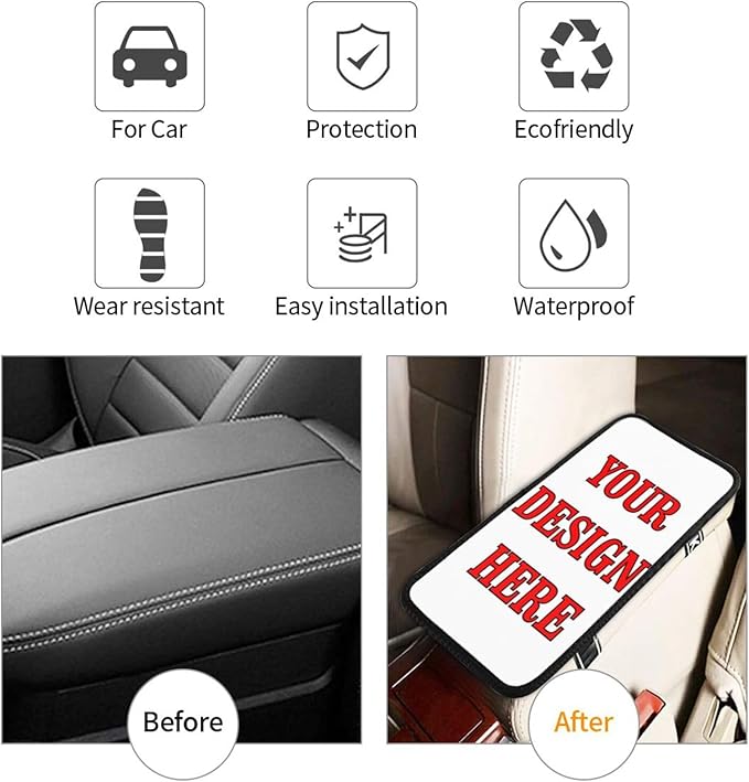 Custom Car Armrest Cushion Add Your Logo Text Image Photo Custom Personalise Auto Center Console Armrest Pad Cushion Universal Deco Pad Center Console Cover for Car Seat Handrail Box 7.5x12.6in