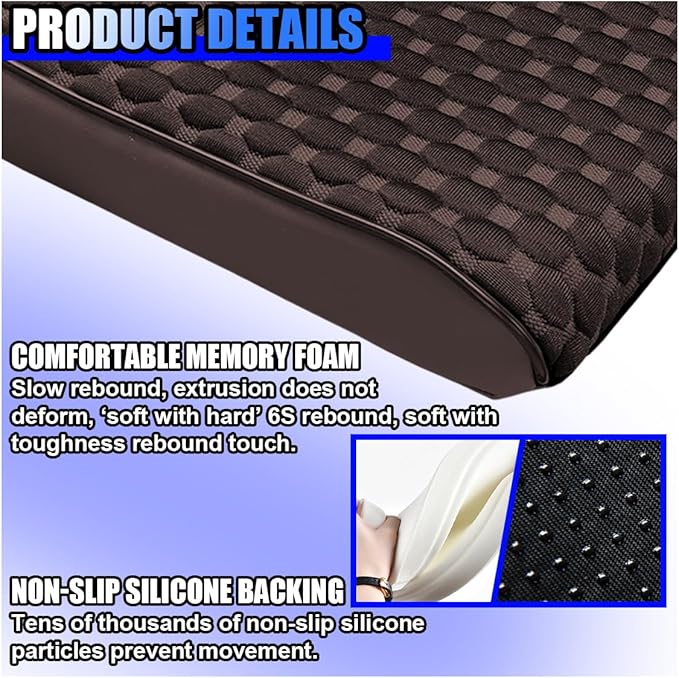 Cool Car Center Console Cushion Pad, Comfortable Ice Silk Car Armrest Cover, Breathable Vehicle Armrest Seat Box Pad Memory Foam, Auto Interior Protection Accessories, Universal for Summer (Coffee)