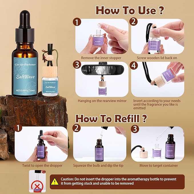Car Air Freshener & Refill Set, 4-Scent Hanging Air Freshener Diffuser - Each(8ml +20ml Refills), Natural Essential Oil Diffuser With Refill Bottles, Reusable Car Fragrance Decor Accessories(8 Pack)