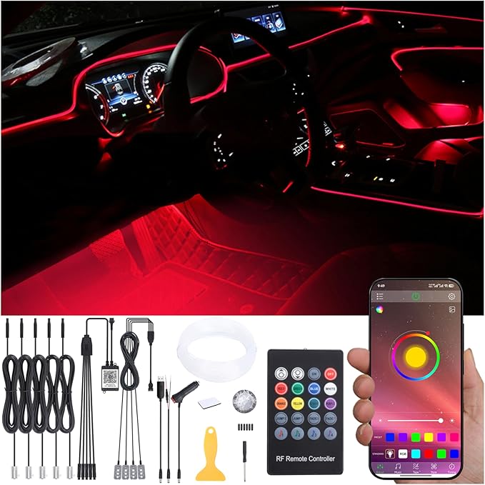 Car Ambient Lighting Kit 64 Colors Multicoloured Music Optic Fiber RF Remote + APP Control Car DIY Decorative Atmosphere Lighting DC 12V 1W 6m