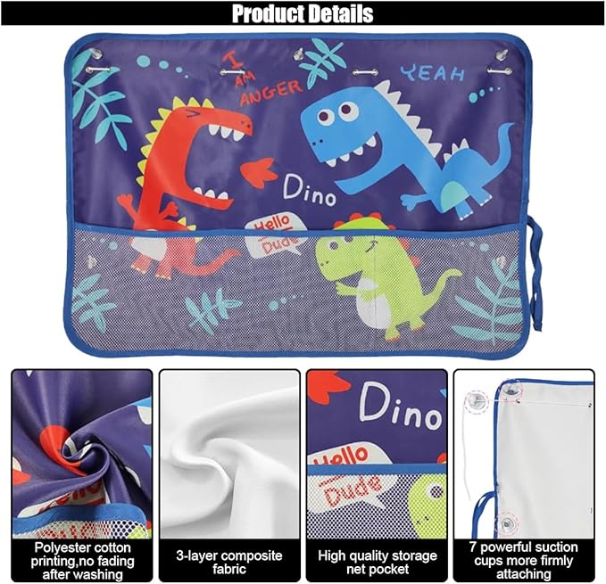Car Window Shade for Baby, Blackout Car Window Curtain with Storage Pockets & 7 Suction Cups, Cartoon Pattern Cars Side Window Sun Shade Cover for Sun/Heat/UV Rays Protection (Blue-Dinosaurs)