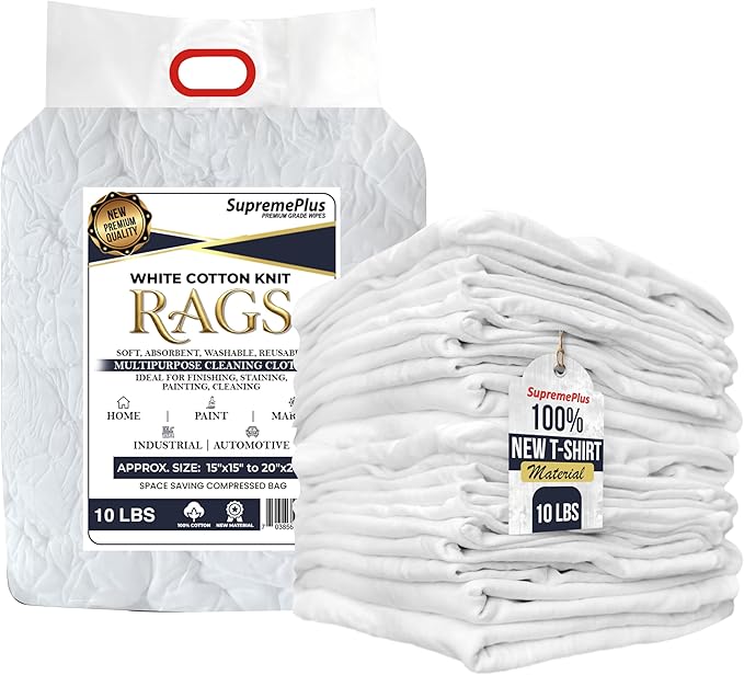 Premium New White Cotton Knit T-Shirt Rags (10 lbs. Bag of Rags) - Lint-Free, Soft & Absorbent Cleaning Cloths for Auto, Paint, Garage, Staining & Polishing