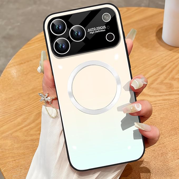 Guppy Compatible with iPhone 17 Pro Magnetic Case, with Full Camera Lens Protector [Compatible with MagSafe] Scratch Resistant Gradient Glass Back Cover Phone Case-White