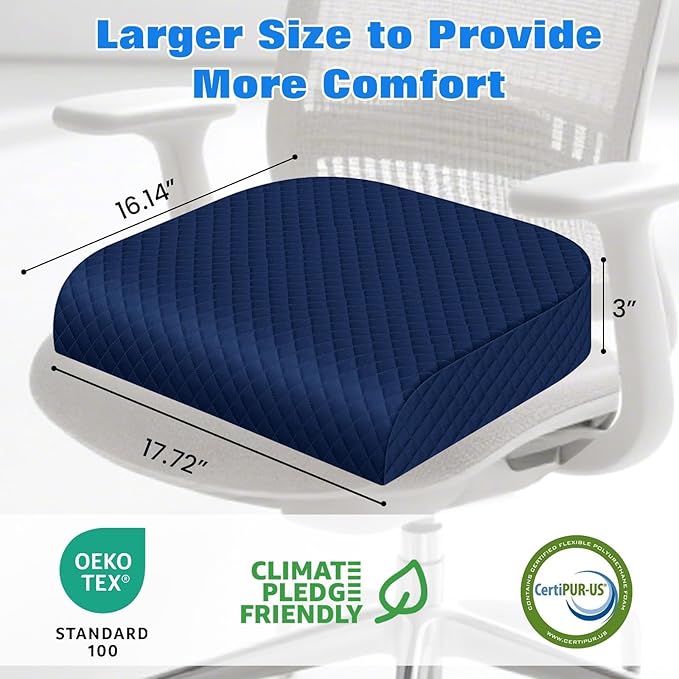 Seat Cushion for Office Chair, Memory Foam Chair Cushions, Car Seat Cushion for Long Sitting, Desk Chair Cushion for Pressure Relief, Non-Slip Bottom, Washable Cover, Large, Blue