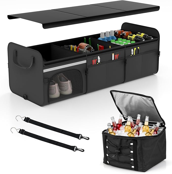18 Gal Car Trunk Organizer with Lid, 3-Compartment Portable Storage Box with Leakproof Cooler Bag, Shoe Storage, Dividers & Adjustable Securing Straps, Collapsible Trunk Organizer for SUV,