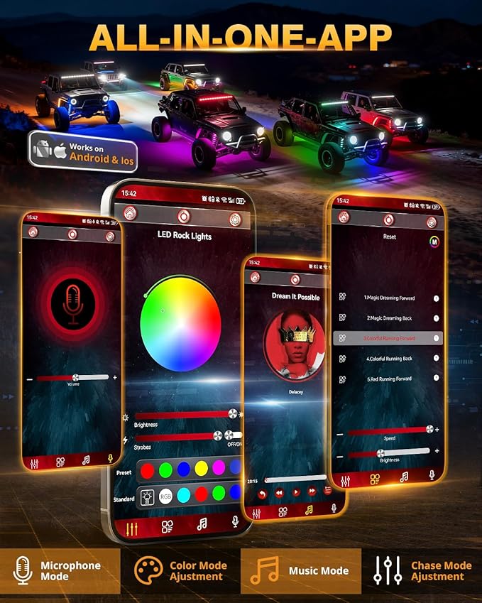 Auxbeam 4-Pod RGB LED Rock Lights with Brake Mode 213° Dual-Side Lighting Dynamic Color Changing Underglow Kit w/Bluetooth APP+Remote Control Music Voice Sync Waterproof for Truck ATV 1 Year Warranty
