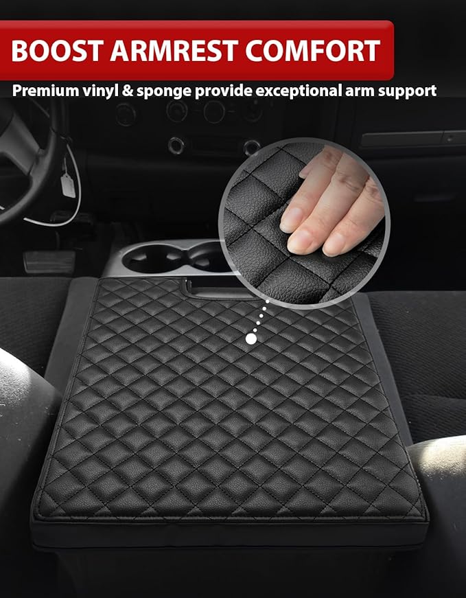 KBH Center Console Armrest Cover for 2007-2013 Chevy Silverado & Tahoe & Suburban, GMC Sierra & Yukon, Middle Console Lid Protector, PU Leather Trim, Black (Fits Jump Seat Only)