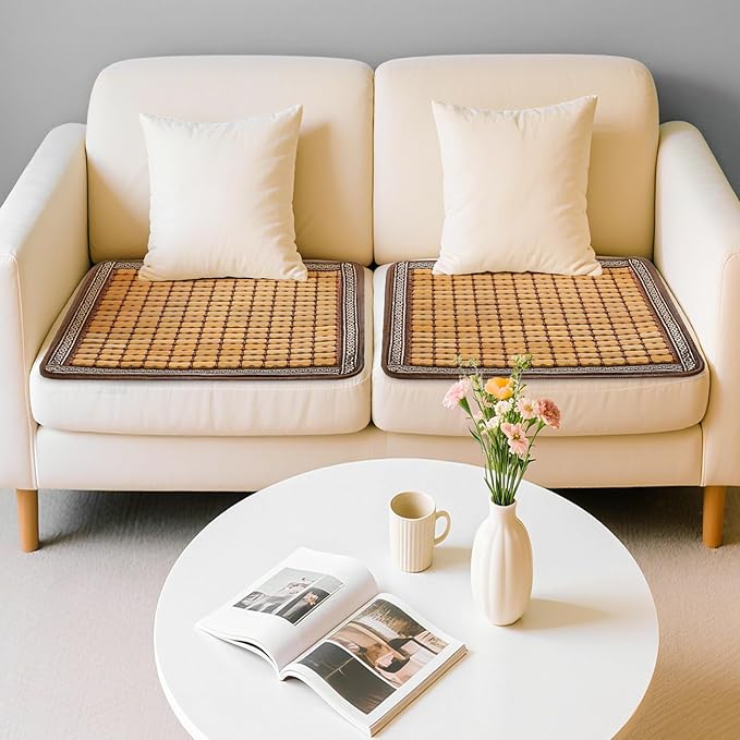 2 Pcs Bamboo Chair Cushions, 16.5" x 16.5" Breathable Seat Mat for Summer, Anti-Slip Comfortable Seat Pad with Mahjong Design, Natural Carbonized Bamboo Butt Cooler for Car Truck Home Office