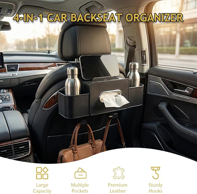 Backseat Car Organizer, 4 in 1 Multifunctional Car Back Seat Storage Organizer with Tissue Box, 2 Cup Holders, Phone Stand and Hooks, Automotive Seat Back Organizers (Black)