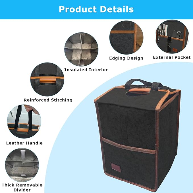 4 Cup Drink Carrier with Handle, Reusable Insulated Cooler Drink Caddy for Car Cup Holder, Foldable Coffee Carrier Bag with Adjustable Dividers, Portable for Car, Travel, Picnic Party, Food Delivery