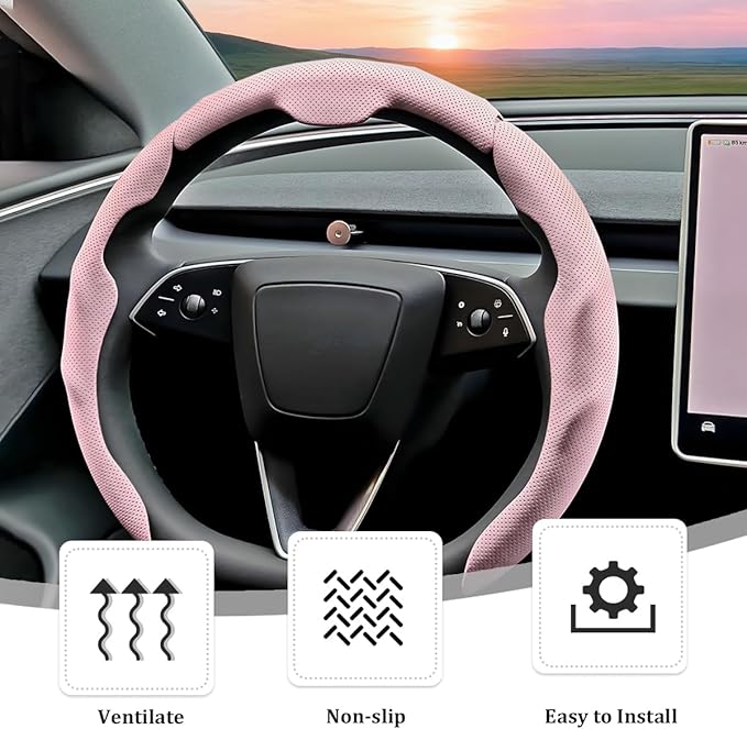 3PCS Car Steering Wheel Cover, Nappa Leather Breathable Non-Slip Segmented Steering Wheel Protector, Snap-on Auto Interior Decoration Accessories, Universal Fit (Pink)