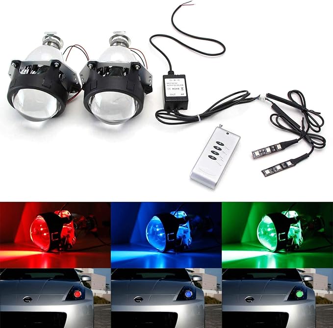 iJDMTOY Mini 3.0-Inch H1 Bi-Xenon Front Lighting Retrofit Projector Lens W/RGB Color-Changing LED Demon Eye Lighting Kit Compatible with Custom Lighting DIY For Off-Road Use Or Show Purpose