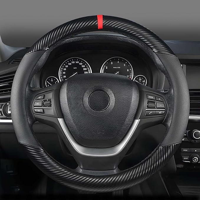 KAFEEK Carbon Fiber Steering Wheel Cover for Ford F150 F250 F350 Ram 4Runner Tacoma Tundra Range Rover, Large Size 15.5"-16", Breathable Microfiber Leather, Odorless, Black