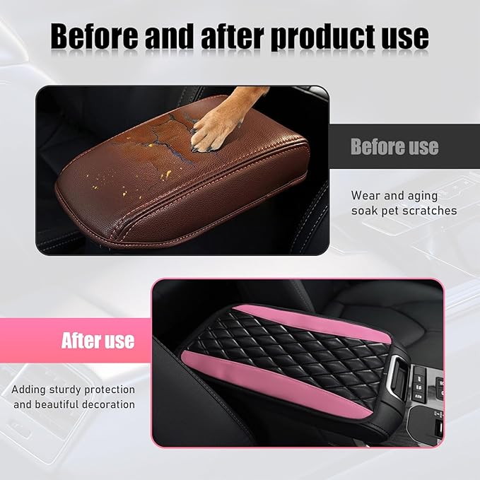Car Center Console Cushion Pad, PU Leather Waterproof Auto Armrest Box Cover Protector, Comfortable Armrest Seat Box Cover Mat, Universal Car Accessories for SUV Truck (Pink)