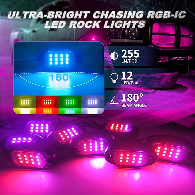 8Pods RGB LED Rock Lights for Jeep Golf Cart ATV UTV Trucks Offroad RZR SXS Four Wheeler with APP/RF Remote Control, Multicolor Dynamic Color Changing Underglow Kits Music Mode 12V Waterproof Chasing