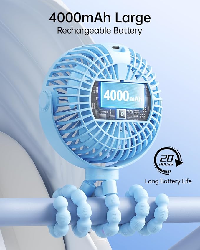 SWEETFULL Portable Stroller Fan with LED Display, 4 Speed Rechargeable Mini Clip On Fan, 360° Rotate Flexible Tripod Better Cooling Small Baby Fan for Car Seat Crib Travel Bike Treadmill (Blue)