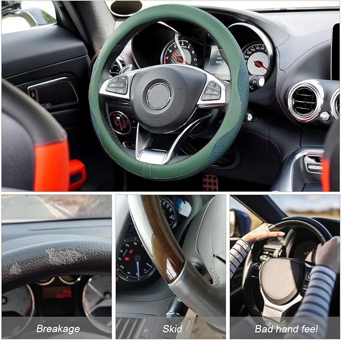 Car Steering Wheel Cover, Microfiber Breathable Ice Silk Leather Steering Wheel Cover Soft Anti-Slip Safety, 15inch Four Season Universal Fits for Most Truck,SUV,Cars (Green)