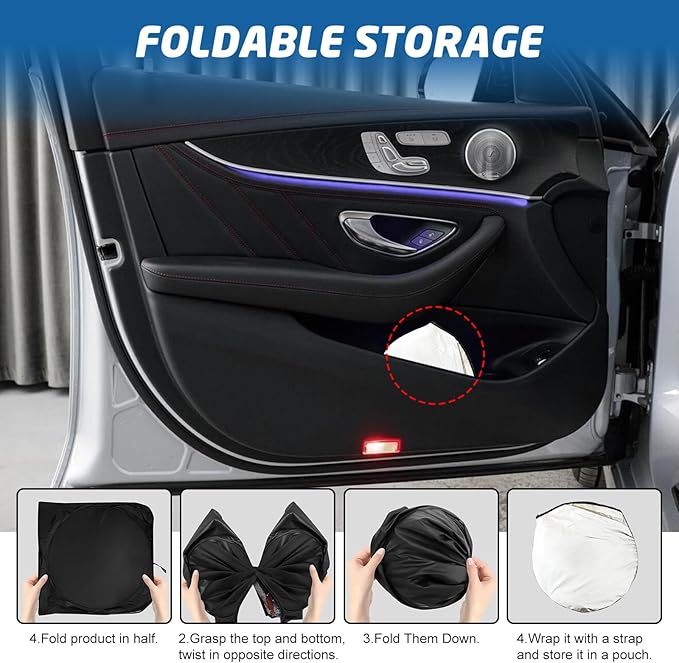 Car Windshield Sun Shade, Reflective Windshield Sunshade with Storage Pouch for UV Rays & Heat Protection, Foldable Sun Blocker Fits Sedan, SUV & Hatchback