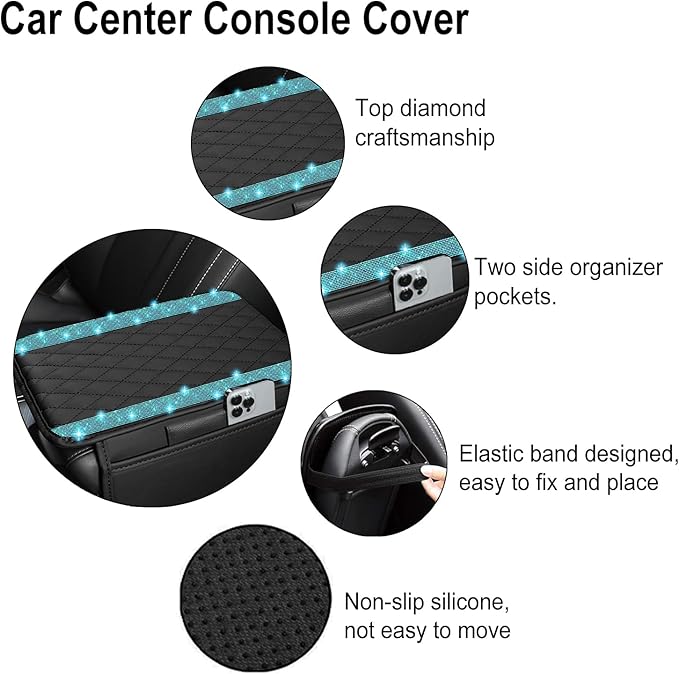 NBTEPEM Bling Car Center Console Cover, Leather Car Arm Rest Cover Cushion with 2 Storage Bags, Universal Auto Armrest Protector Storage Box, Bling Accessories Interior for Most Vehicles (Aquamarine)