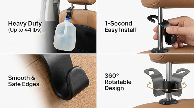 4 Pack Car Seat Headrest Hooks - Universal Back Seat Hanger for Purses, Grocery Bags, and Handbags - Stylish Black Car Organizer Hooks for Interior Storage, Easy Installation, Fits Most Vehicles
