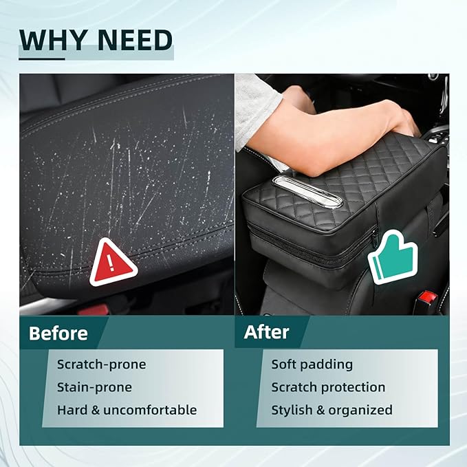 Upgrade Car Center Console Armrest Pad for Honda CR-V 2026 2012 Models, Comfortable Memory Foam Cushion Cover with Tissue Box & Side Storage Bag, Premium PU Leather 3-in-1 Car Armrest Cover(Black)