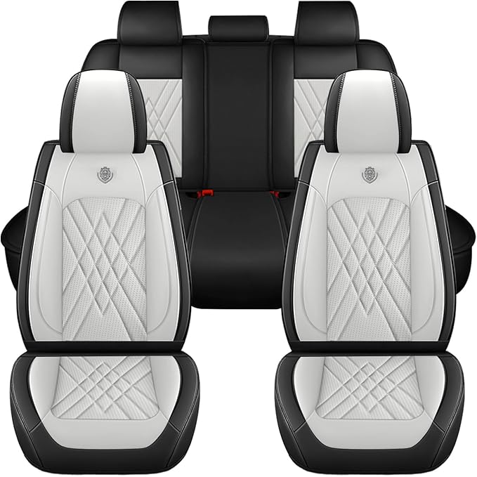 Car Seat Covers Compatible with Toyota Camry 2012-2026 Durable Waterproof Automotive Seat Covers Stretchable Fabric Material, Airbag Compatibility, Premium Nappa Leather(Black White, Full Set)