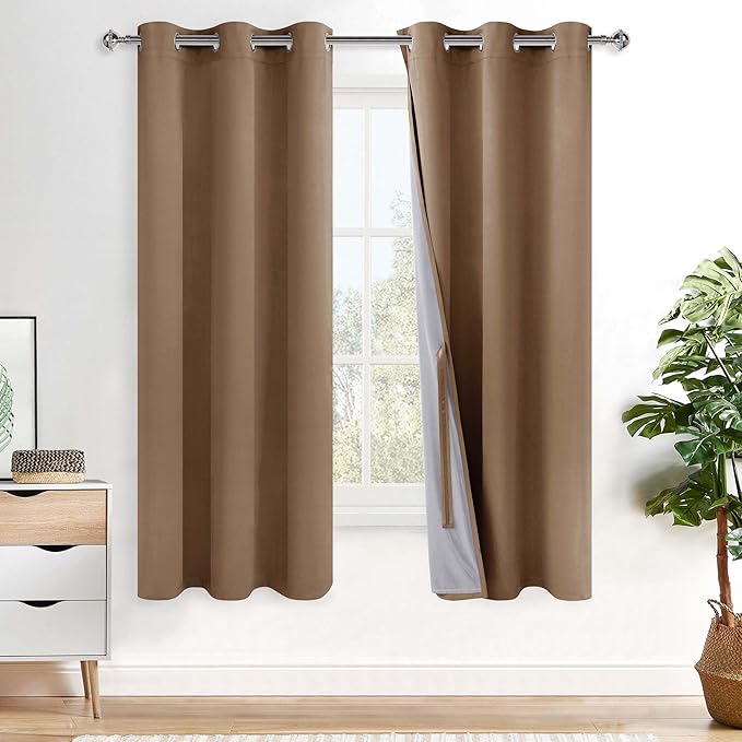 XWZO Complete Blackout Shades Window Curtain Panels with Tiebacks- Noise Reduction and Light Blocking Grommet Curtains with Black Liner for Studio, Basement, Cappuccino, W42 x L63, Set of 2 Panels