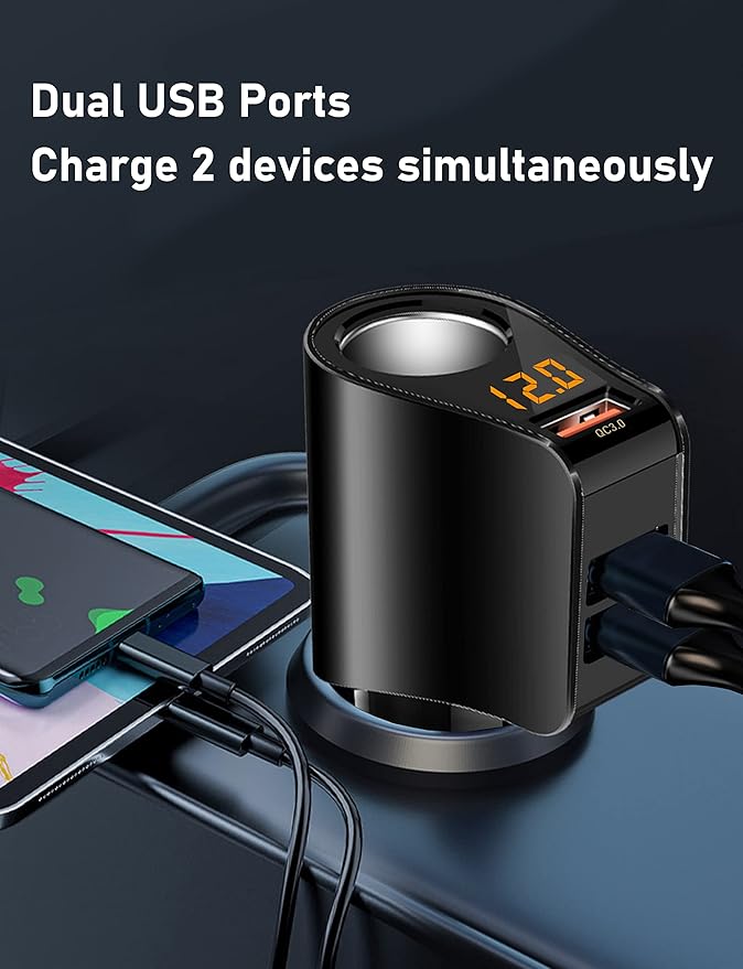 LIHAN 3 USB Car Charger, QC3.0 Output, Cigarette Lighter Adapter, 12V/24V Outlet Plug, Voltage Meter, Compatible for iPhone,iPad, Samsung, USB Charging Devices