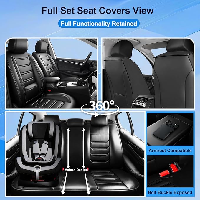 Fit Ridgeline Car Seat Covers for Select Honda Ridgeline 2007-2025 2026 - Premium Full Coverage Leather, Airbag Compatible, Waterproof & All Weather Seat Cushion Protector, Full Set, Black
