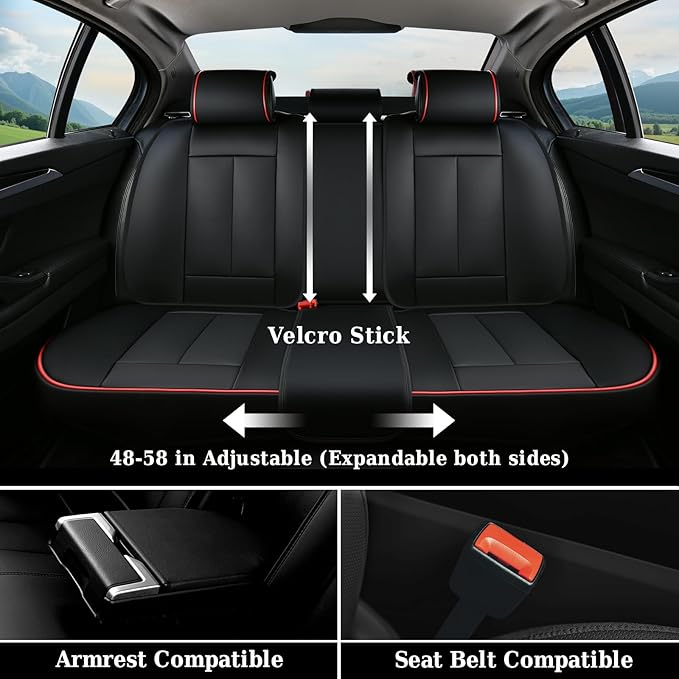Coverado Universal Seat Covers Full Set, 5 Seats Universal Seat Covers for Cars, Waterproof Nappa Leather Car Seat Covers with Head Pillow, Auto Protectors Fit for Most Pick-up Truck, Black&Redline