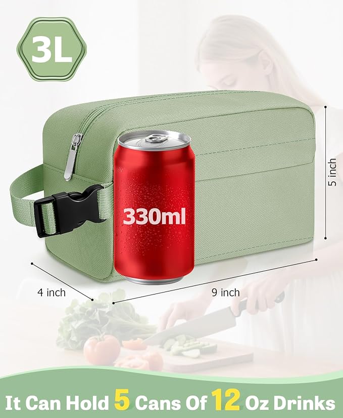 Small Insulated Snack Bag Lunch Bag for Kids Lunch Box for Women/Men, Collapsible [3L/5-Can] Reusable Lunch Bag Cooler Bag for Bottle with Handle Buckle for Work School Travel (Green)