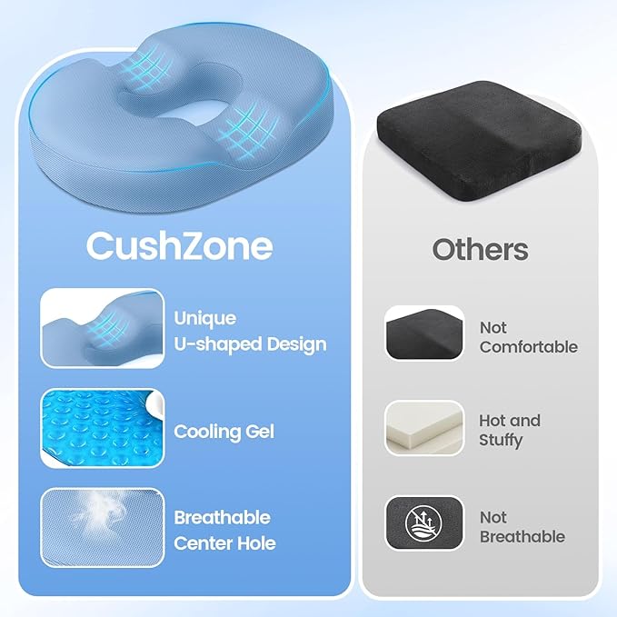 Donut Pillow Seat Cushion - Cooling Gel Outdoor Chair Cushions, Memory Foam Cushion for Office and Home, Car Seat and Patio Cushions, Hemorrhoids Pillow, Sciatica and Tailbone Pain Relief, Light Blue