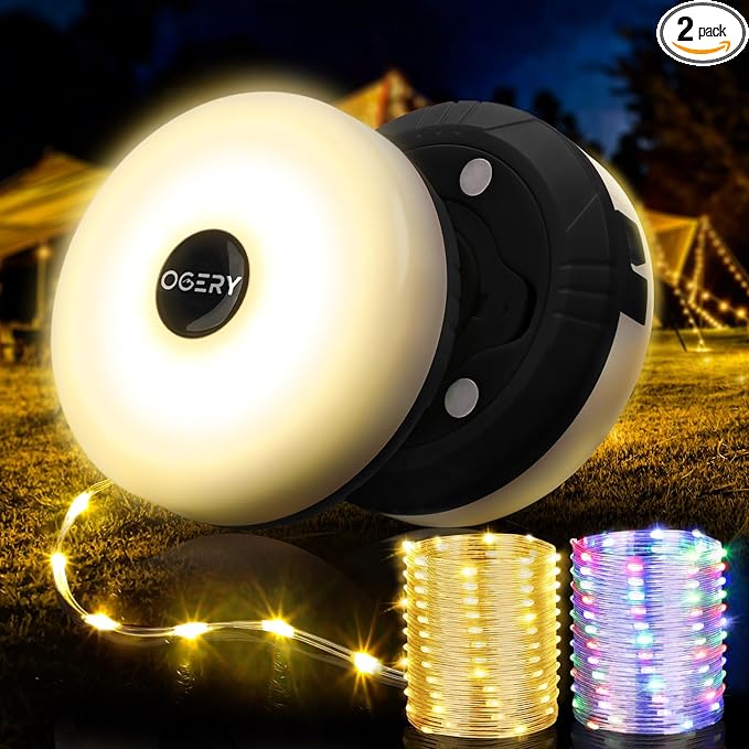 OGERY 2-Pack Camping String Lights, 32.8FT Rechargeable Christmas String Lights Outdoor/Indoor, 8 Modes 4-in-1 Quick Storage Fairy Lights Portable Lamp for Xmas Tree Decor Party Camping Essentials