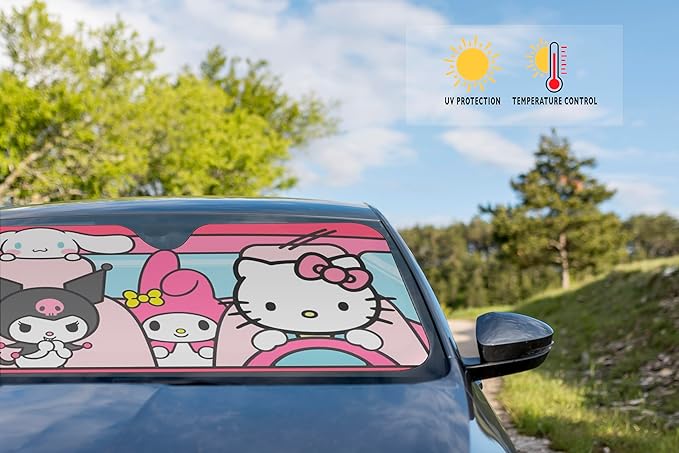 Hello Kitty Car Shade | Hello Kitty Sunshade Car | Carshade Auto Front Windshield Kawaii Kitty Sunshade | 58" X 27.5" | Fits Most Standard Windshields | Officially Licensed