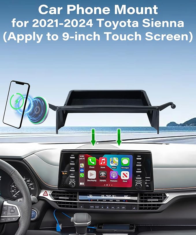 Car Phone Holder for Toyota Sienna 2021-2024 Accessories Apply to 9 Inch Touch Screen 15W Fast Wireless Charger Screen Fixed Clip Cell Phone Mount with Dashboard Storage Tray