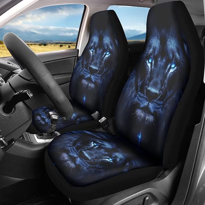 Cool Lion Print Car Front Seat Cover Set of 2, Auto Bucket Seats Protector Universal Car Accessories Interior Decor for Women Men
