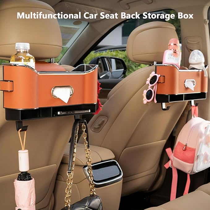 Multifunctional Car Seat Back Storage Box, Multifunctional Car Logo Seat Back Storage Box, Universal back seat car organizer, Car Tissue Organizer Back Seat with 2 Drink Cup Holder (Black)