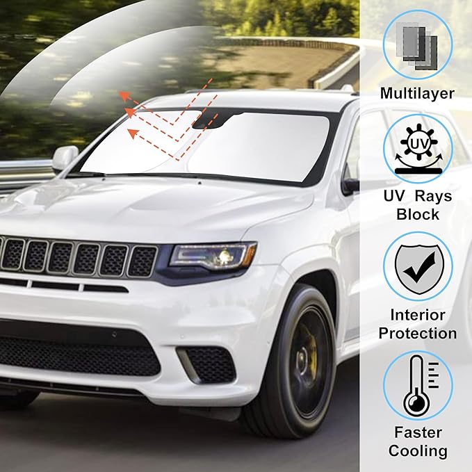 Windshield Sun Shade Foldable Sunshade Protector Custom Fit Jeep Cherokee 2014-2022 2023 Trailhawk,Overland, Limited, Latitude, Altitude Accessories (Not for Jeep Grand Cherokee)