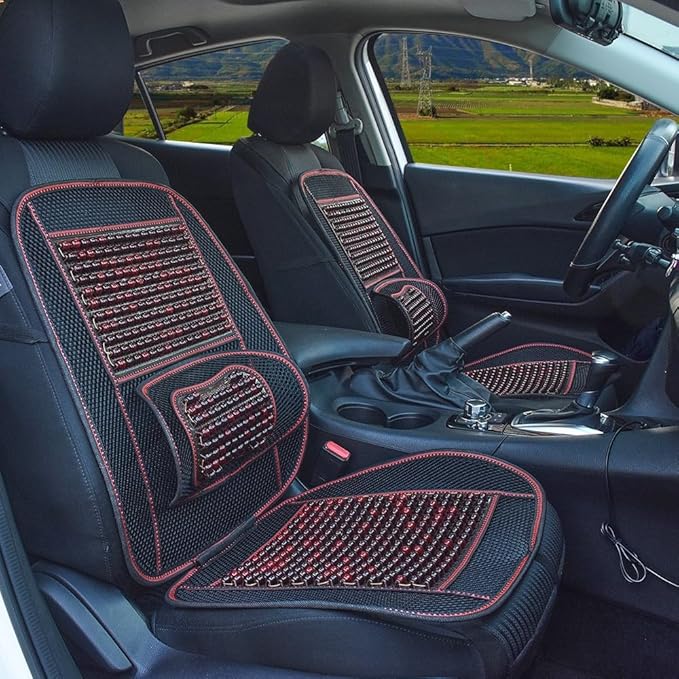 Blueshyhall Natural Massaging Car Seat Cover, Wooden Beaded Car Driver Seat Cushion (Black & Red)