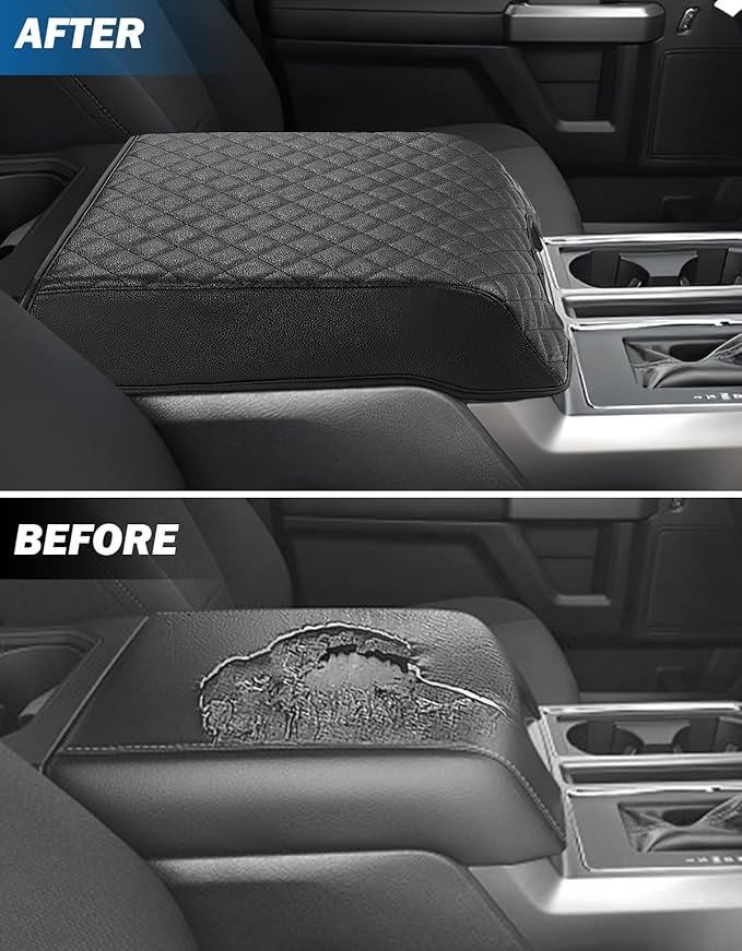 JOYTUTUS Center Console Cover Compatible with 2015-2020 Ford F150, 2017-2022 F250 F350 F450, 2018-2024 Ford Expedition, Leather Armrest Cover Center Console Cushion (Bucket Seat Only)