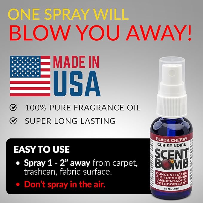 Scent Bomb Air Freshener Spray, Long-Lasting Odor Eliminator - Effective Deodorizer for Home & Car, Fresh Room Spray for Kitchen, Bathroom & Smell Neutralizer - 1 oz Pack of 4, Black Cherry Scent