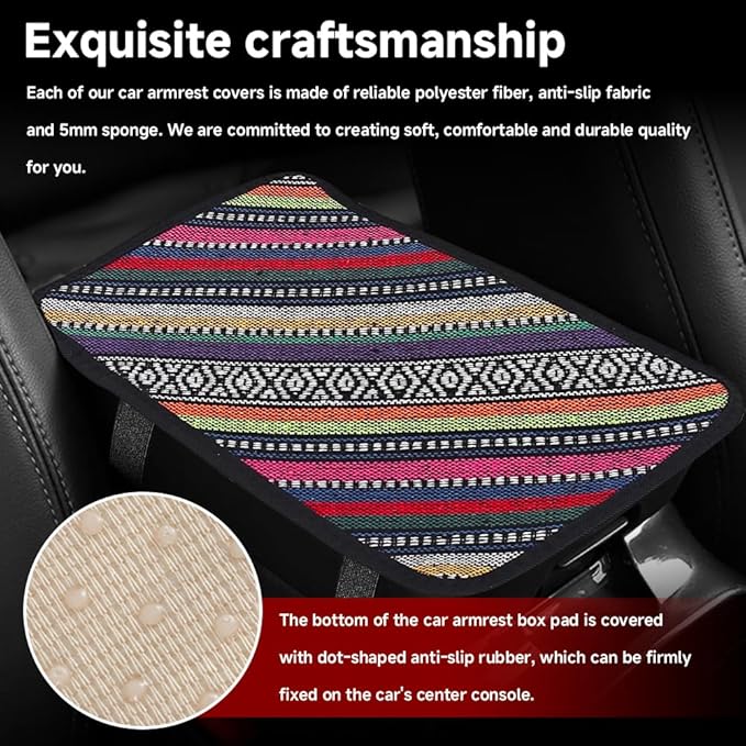 Bohemian Universal Armrest Cover Pad, Car Center Console Cushion, Boho Ethnic Style Auto Armrest Decorative Pad with Elastic Straps, Car Arm Rest Cover Protector for Vehicles (Armrest Cover-D)