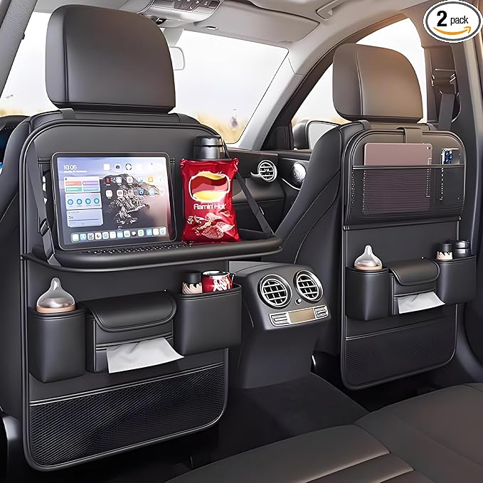 2 Pack Universal Foldable Car Backseat Organizer with Table Tray, Car Seat Back Protector with Touch Screen Phone Holder, Premium Leather Kick Mats with Storage Pockets Tissue Box (Black)